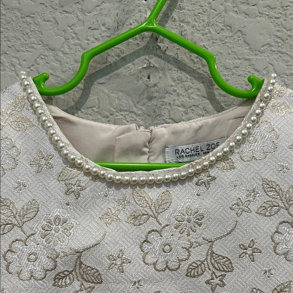Rachel Zoe cream and gold floral Sheath Dress Sleeveless pearls around Crew Neck - Picture 2 of 10